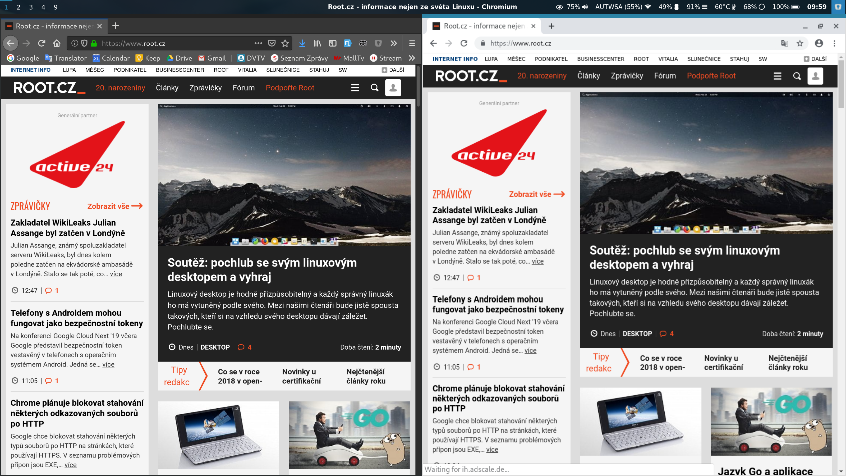 Vlevo je Firefox v66.0.2 využívající protokol Wayland, vpravo je pak Chromium 73.0.3683.86 běžící na XWaylandu.